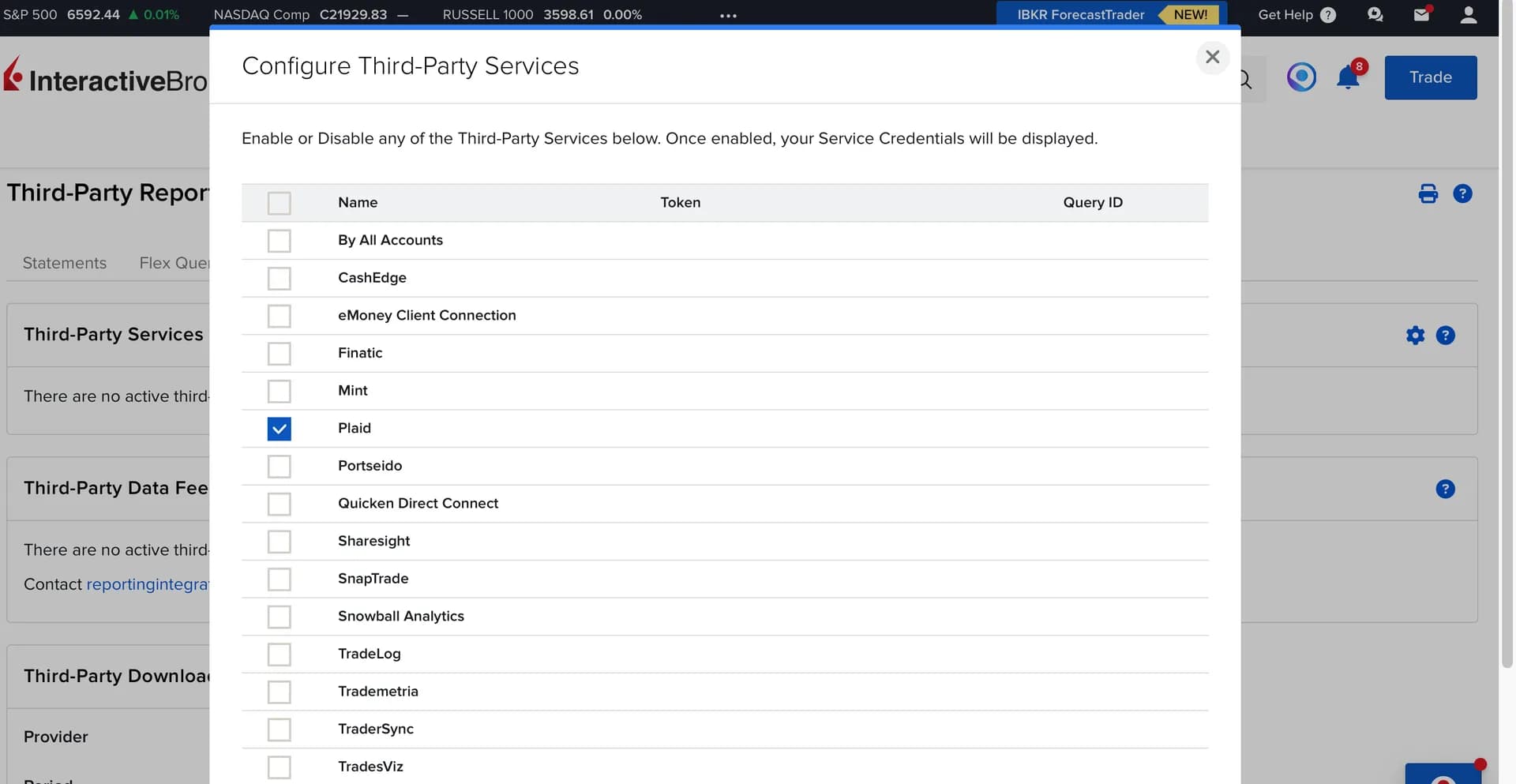Вікно Configure Third-Party Services з увімкненим сервісом Plaid Вікно Configure Third-Party Services з увімкненим сервісом Plaid
